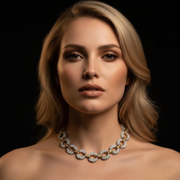 Vintage Gold and White Tone Metal Circle-Link Choker Necklace Multiple Rhineston - Picture 2 of 14